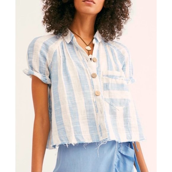 Free People Tops - [Free People] Away at Sea Cotton Linen Top in Blue Stripe